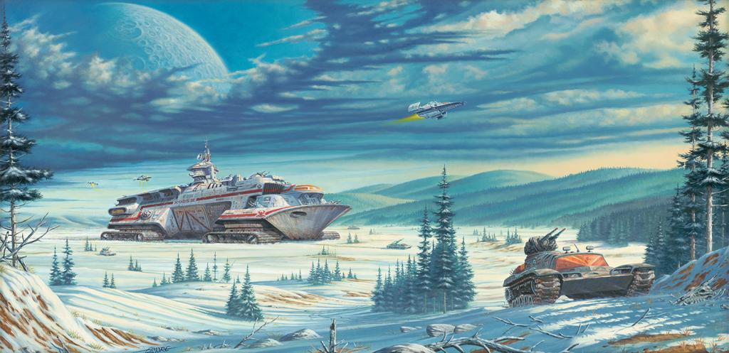 An oil painting of two tanks on snowy terrain, in the style of reminiscent retro sci-fi scenes, Larry Elmore by Larry Elmore