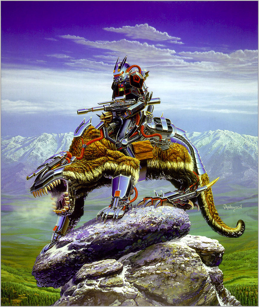 A humanoid in technology powered armor riding on a giant mutated wolverine on top of a mountain. by Keith Parkinson
