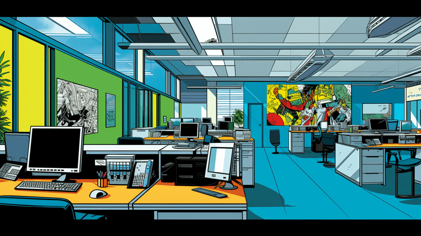 Modern Office with Bright Colors, Gree, Yellow, Orange, and Blue. by Ted Tschopp and Midjourney