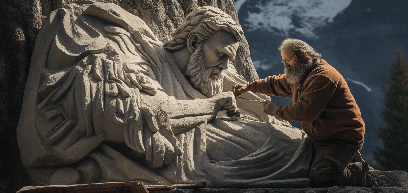 An artist carving a statue of a man out of a giant mountain by Ted Tschopp using Midjourney
