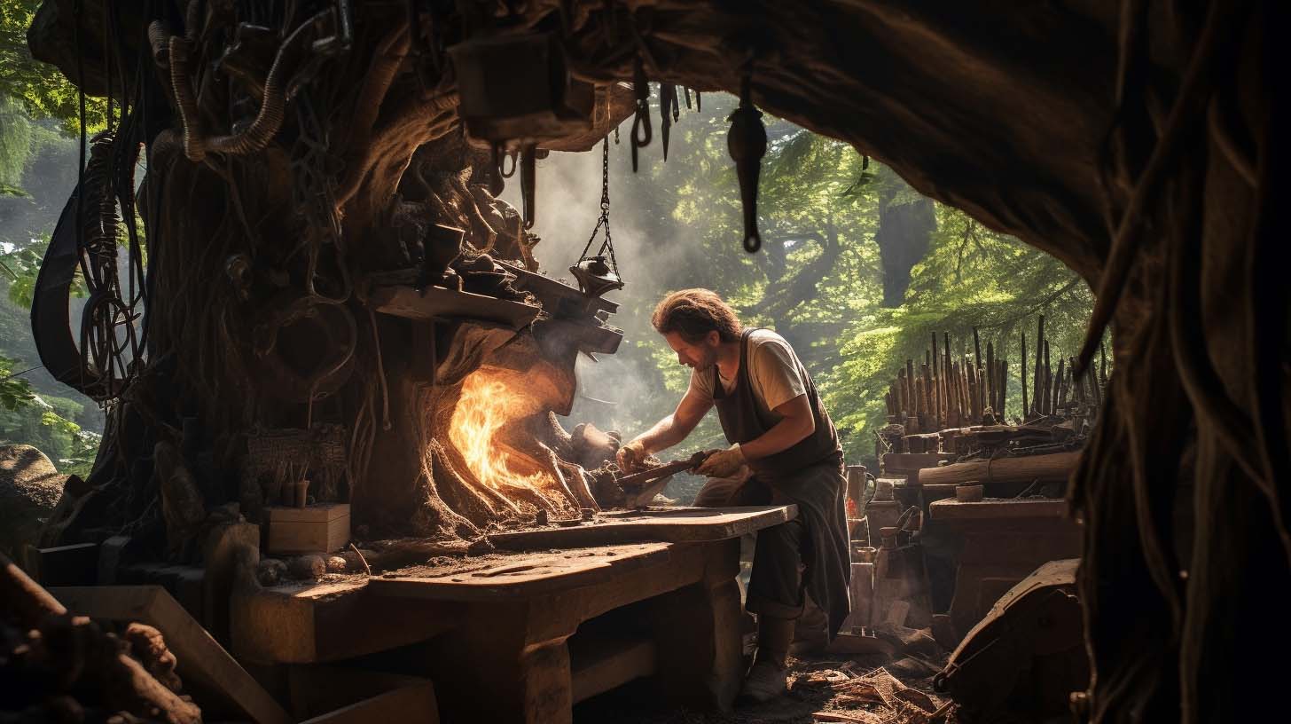 A blacksmith making fictional weapons. by Ted Tschopp