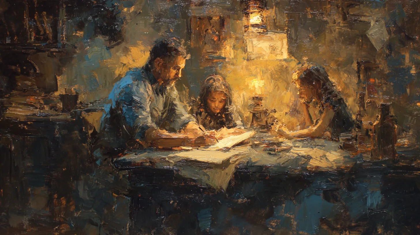 A warmly lit oil painting of a father and his two daughters studying together at a cluttered kitchen table, illuminated by a soft glow that contrasts with the surrounding shadows.