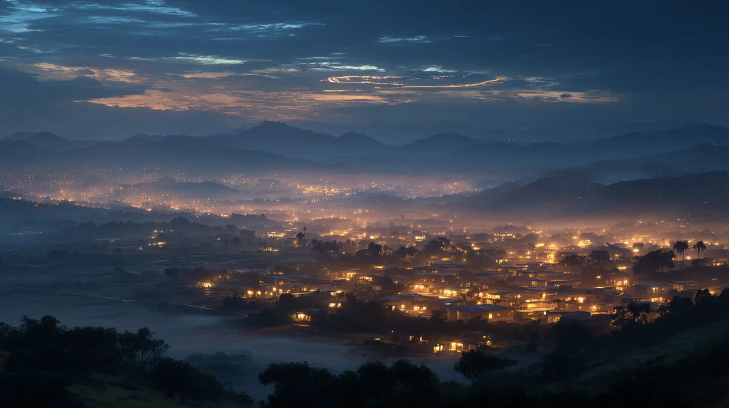 A misty valley at dusk with golden lights glowing from scattered houses, surrounded by dark rolling hills and distant mountains under a deep blue sky streaked with clouds.