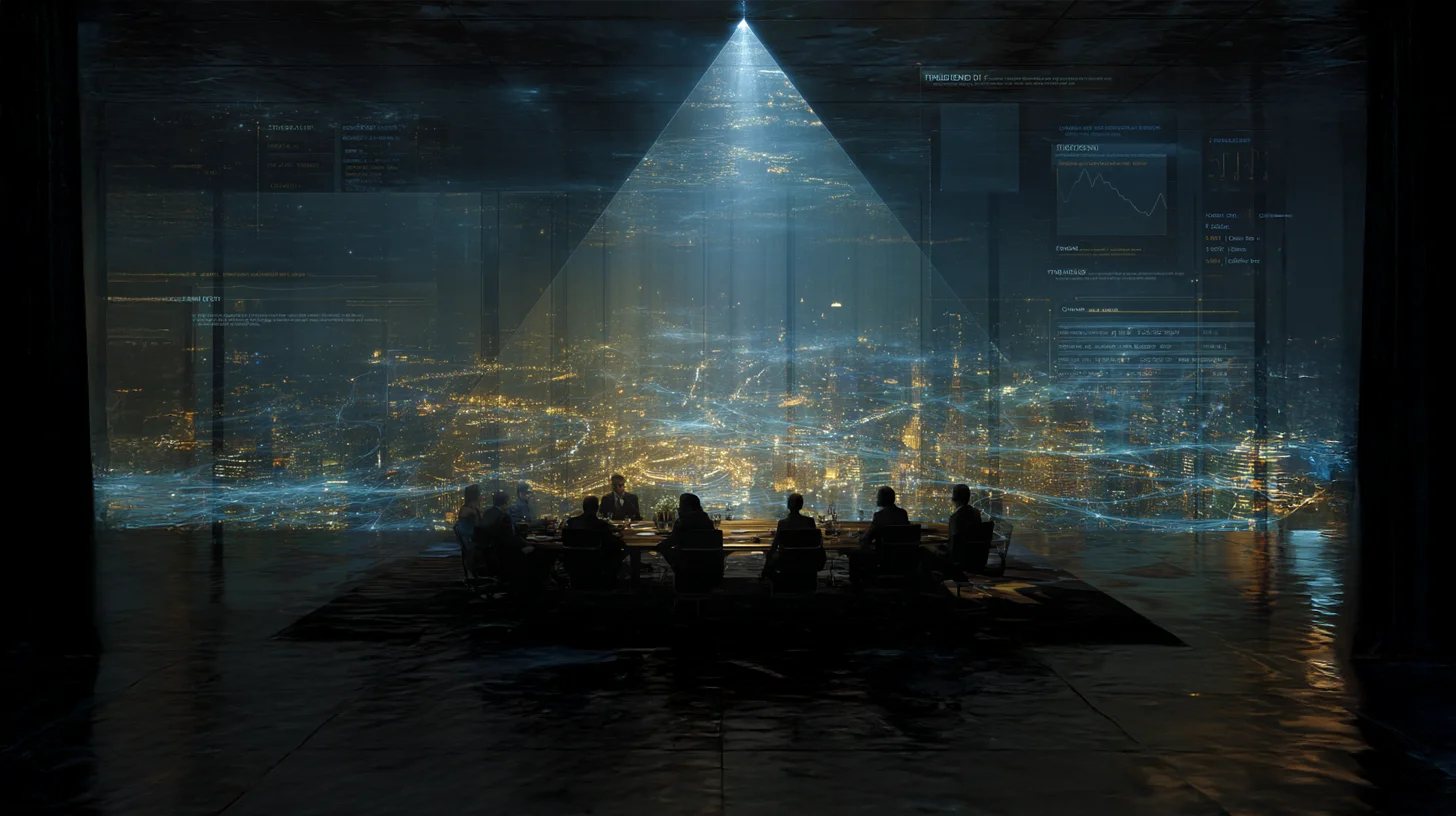 Illustration of executives in a glass boardroom above a glowing data city, studying an inverted pyramid of light