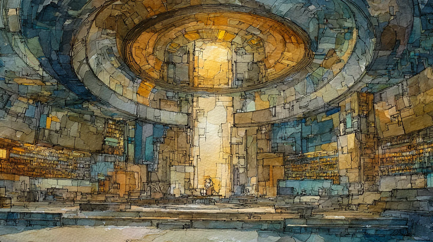 A vast, circular, cathedral-like chamber rendered in watercolor, with towering shelves of books, geometric stone architecture, and warm golden light pouring down from a glowing oculus above. A small solitary figure stands at the center, dwarfed by the monumental structure.