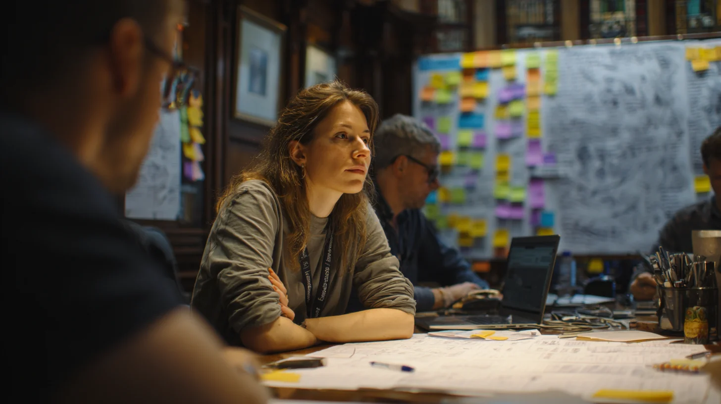 Team members collaborate around a table reviewing documents, with planning boards covered in sticky notes visible in the background.