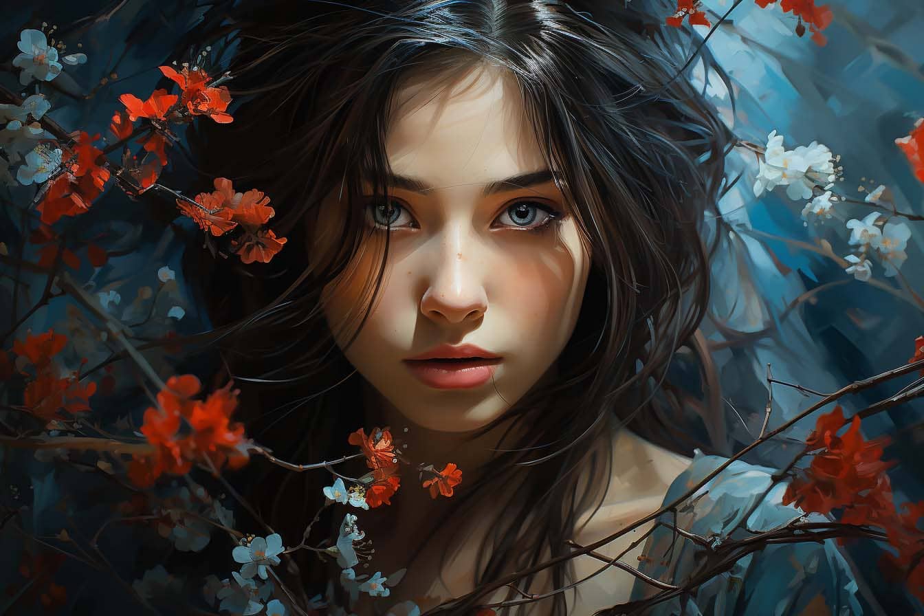 An image of a young, thin girl with black hair, hiding her face. Her eyes are an intense ice blue, and a green garland with budding flowers is seen intertwined in her hair. In the background, there's a mysterious tree with red flowers and black branches, symbolizing her connection to something beyond our understanding. by Ted Tschopp and Midjourney
