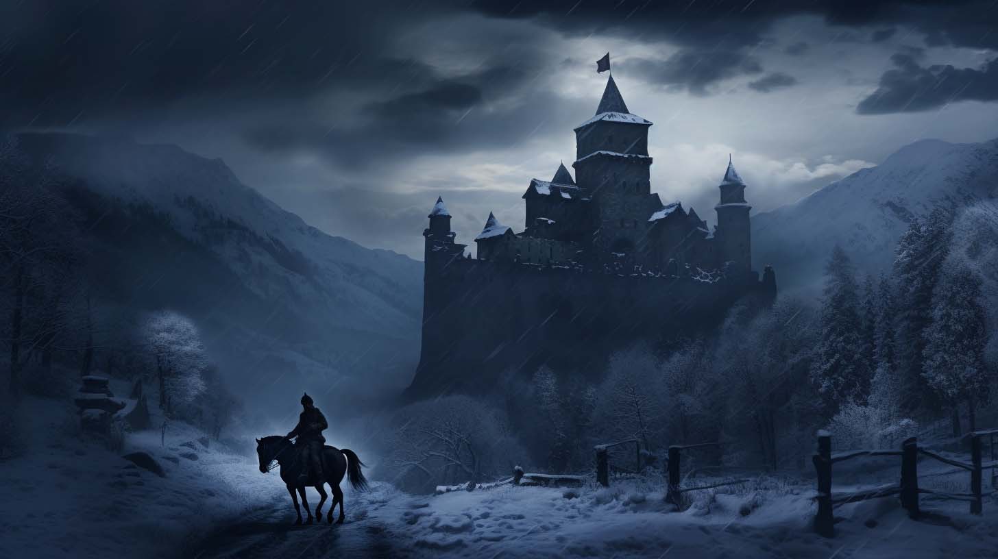 A haunting snowy scene at Brunnegg Castle in Switzerland, during the harsh winter, a menacing ghostly figure of the bailiff riding on a black horse. A castle looms in the background, partially obscured by a fierce, swirling snowstorm. The landscape is eerily lit by a full moon, casting long sinister shadows. The bailiff should appear as a figure from Swiss folklore, wearing traditional, historical attire, and his face should be shrouded in mystery, a sense of foreboding and the supernatural, highlighting the legend's themes of a cursed hunt and a tragic tale.  by Ted Tschopp