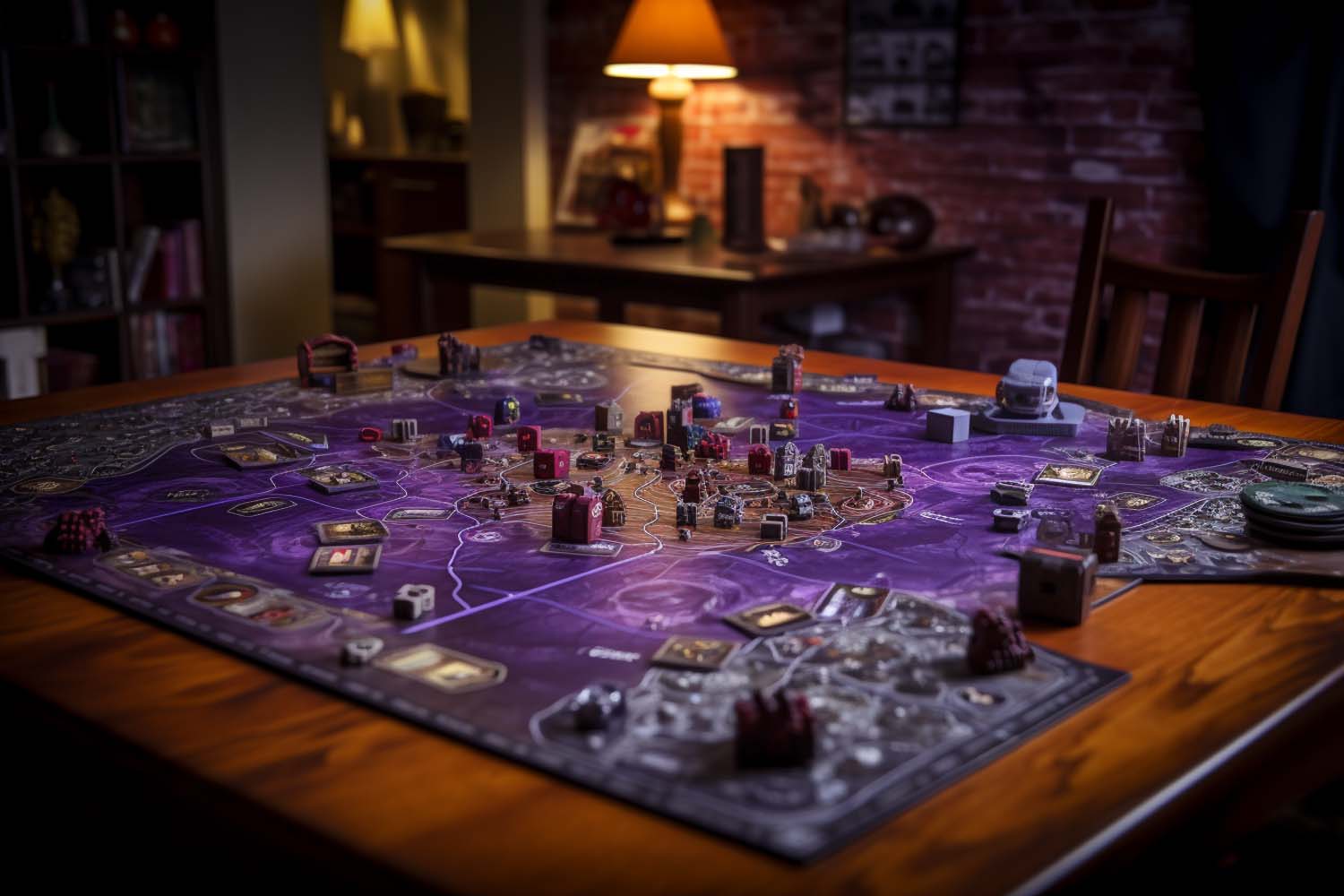 Board game table in the style of dark purple and brown, tilt-shift photography by Ted Tschopp