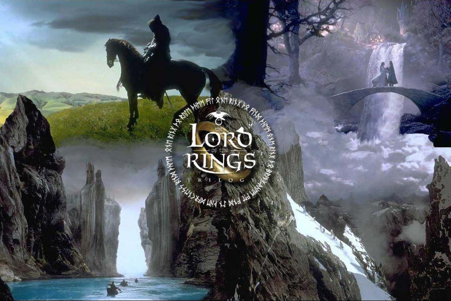 Lord of the Rings wallpaper, in the style of layered landscapes, meticulously crafted scenes, dark and brooding, photo collage landscapes by Ted Tschopp