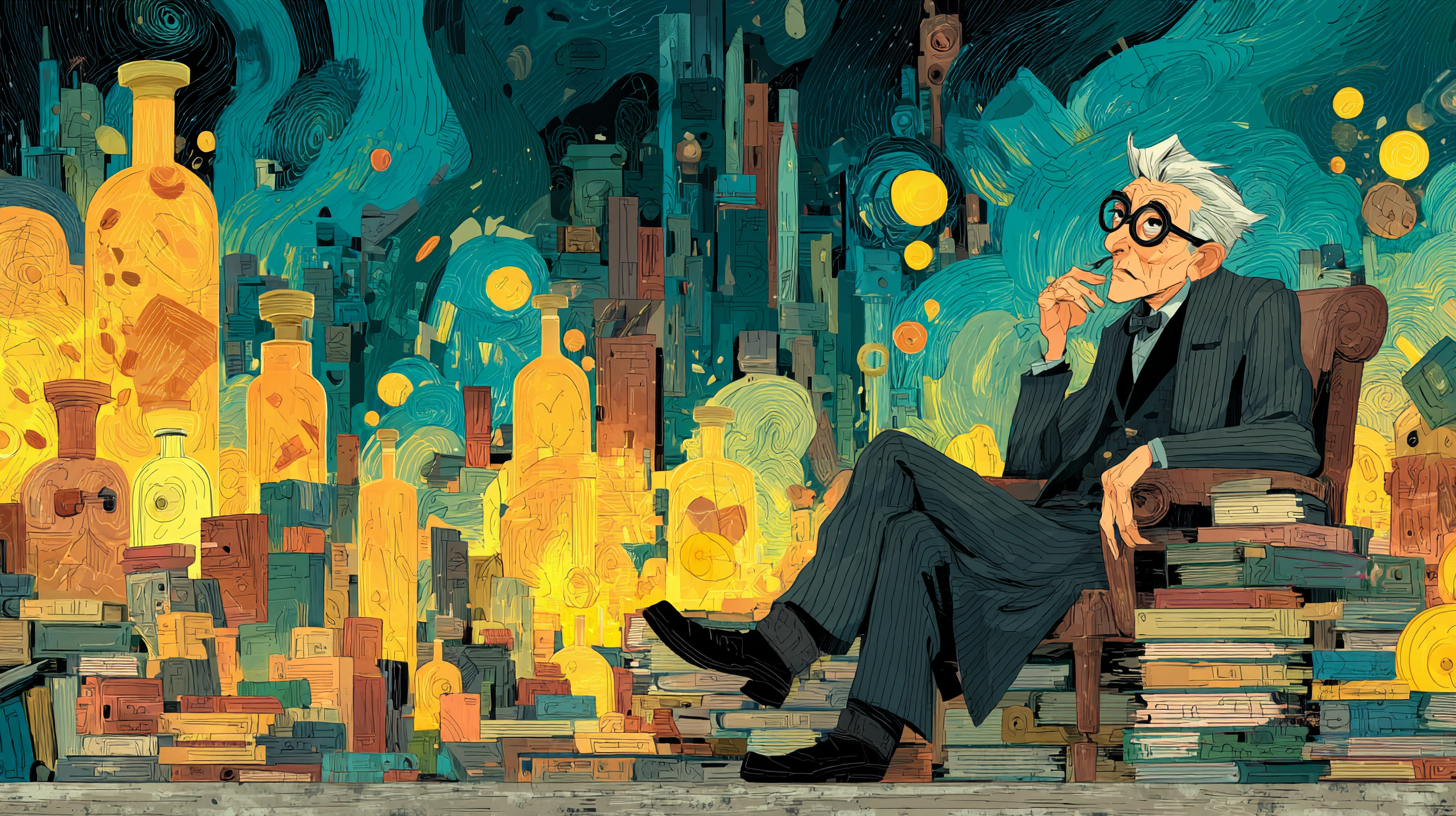 Illustration of an elderly scholar with glasses seated among stacks of books and luminous bottles, set against an abstract, vibrant cityscape filled with swirling colors and intricate patterns. by Ted Tschopp