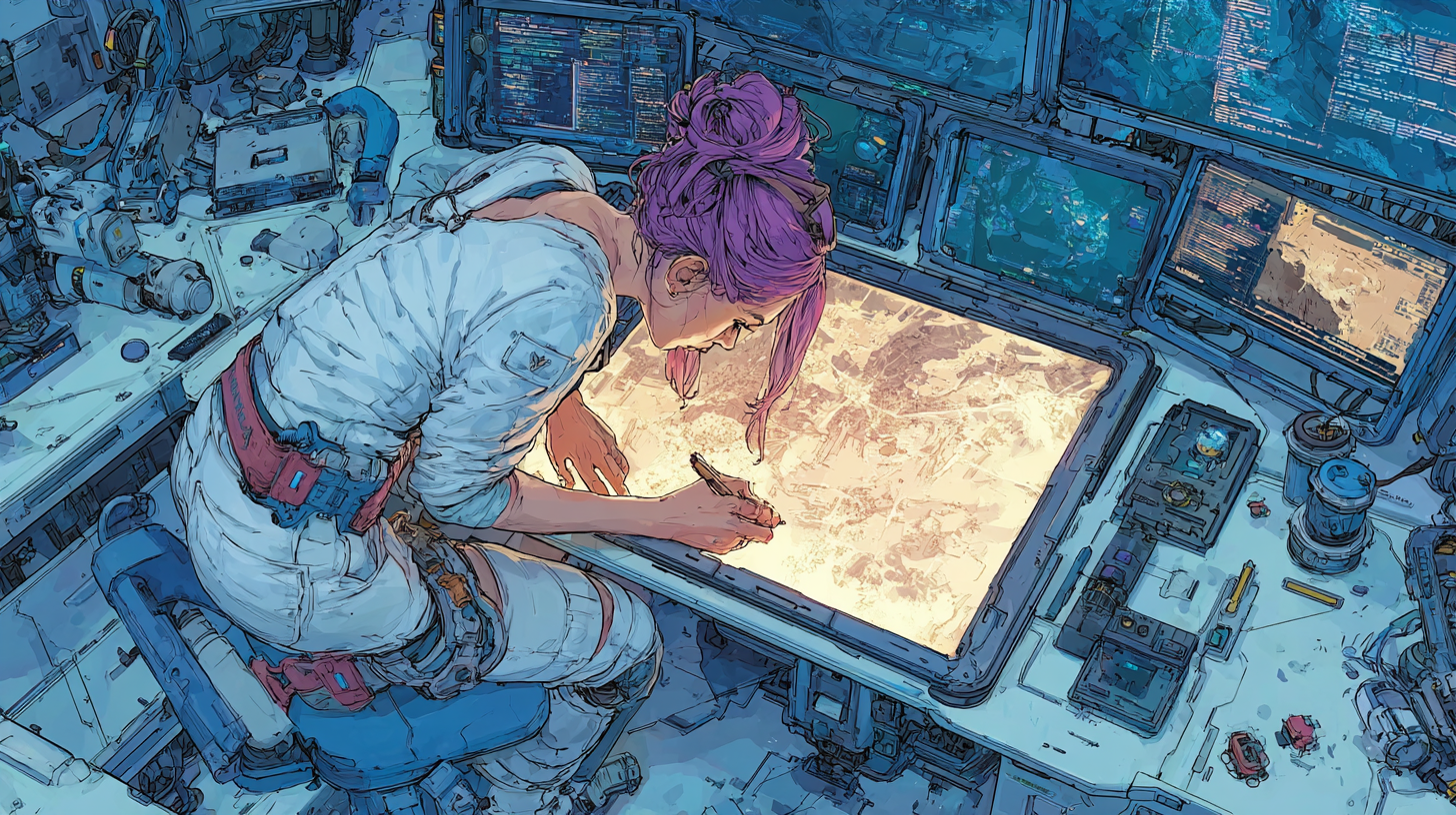 Woman with magenta hair working on a glowing digital map in a futuristic sci-fi lab surrounded by monitors, tools, and cybernetic equipment by Ted Tschopp
