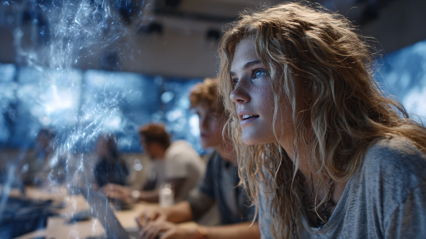 A female student sits at a classroom desk facing a large screen displaying a male AI teaching assistant. The classroom is bright, filled with greenery, and features modern educational technology. by Ted Tschopp