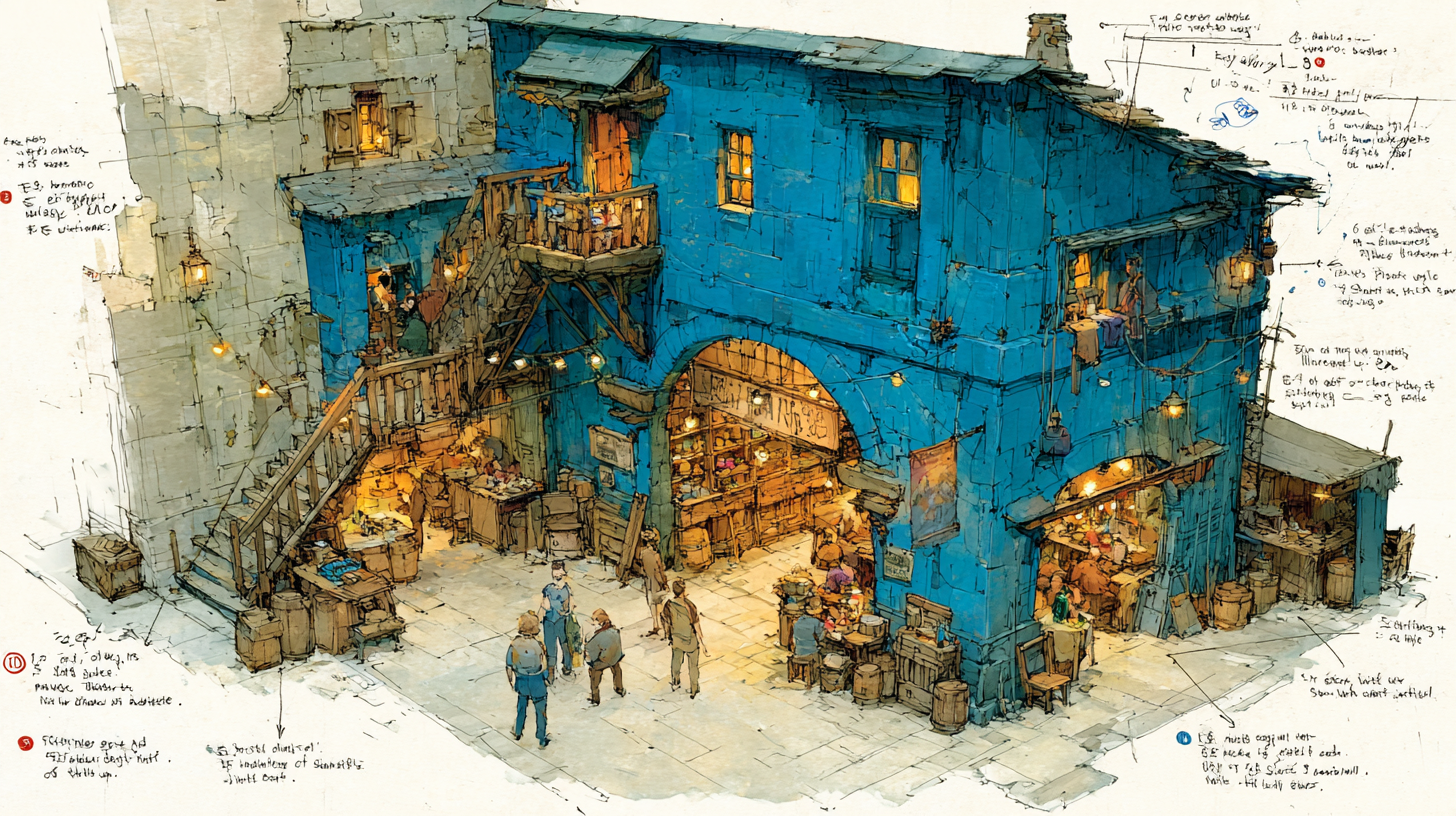 An illustrated TTRPG setting depicting a vibrant, detailed blue market building with bustling activity, stairs, lanterns, and annotated notes for game design. by Ted Tschopp