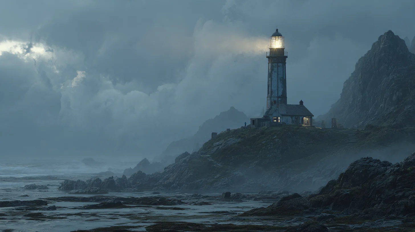 A tall lighthouse perched on a rocky coastal cliff shines its bright beam through heavy fog and storm clouds, illuminating the dark shoreline and turbulent sea below.