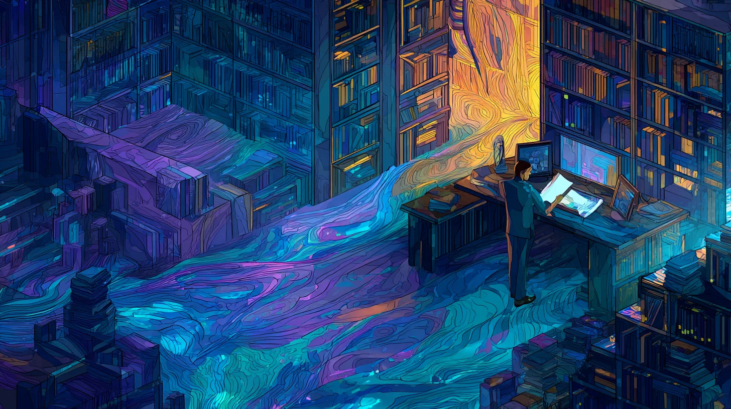 A surreal digital illustration of a vast library with towering bookshelves, where glowing streams of vibrant blue, purple, and orange light flow like rivers across the floor. A person in a suit stands at a wooden desk, studying papers under the warm glow of monitors and radiant energy spilling from the shelves.