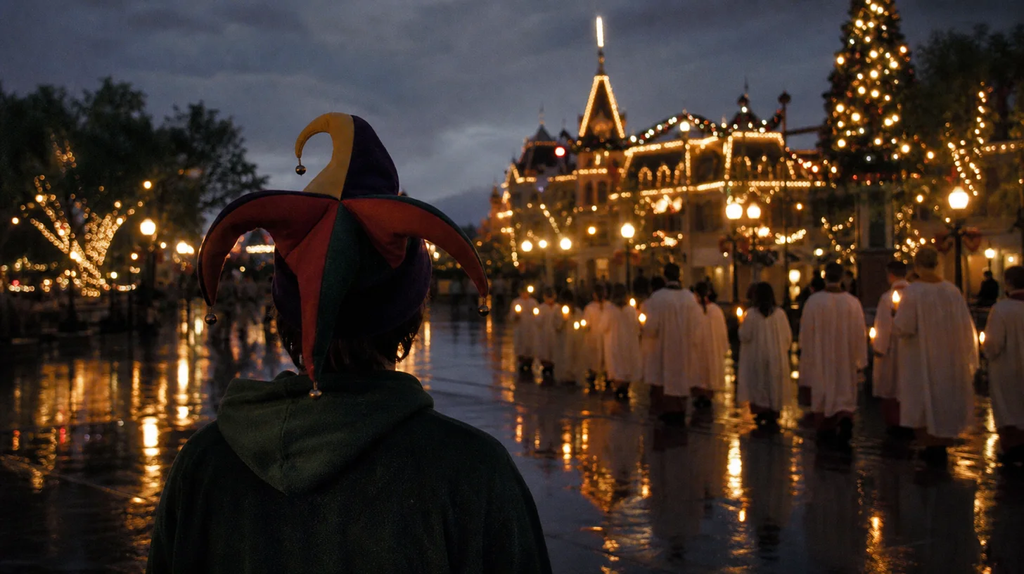 Rainy theme park path with Christmas lights and a candlelight procession