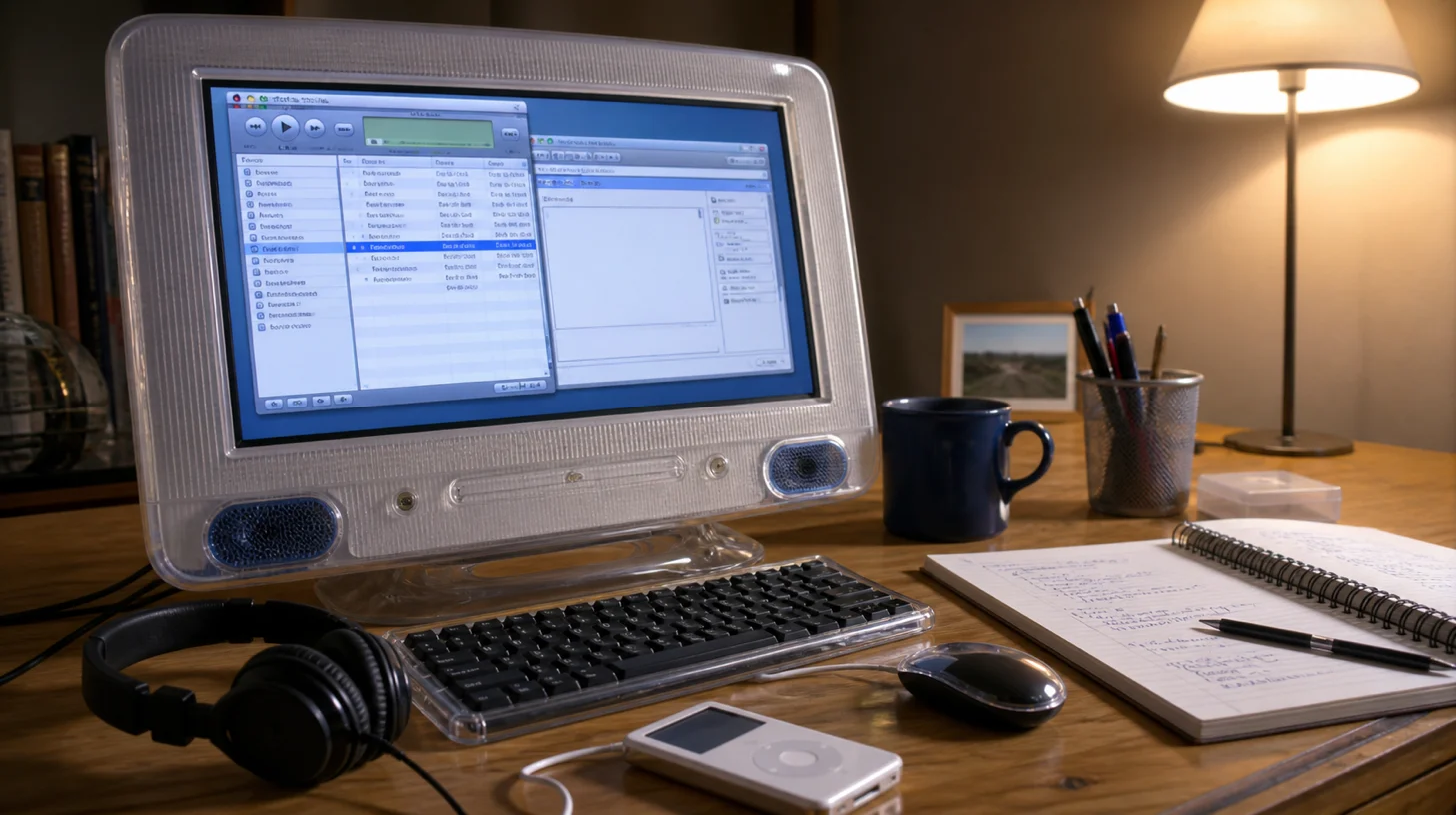 Early 2000s desktop showing music and blog windows on an office desk