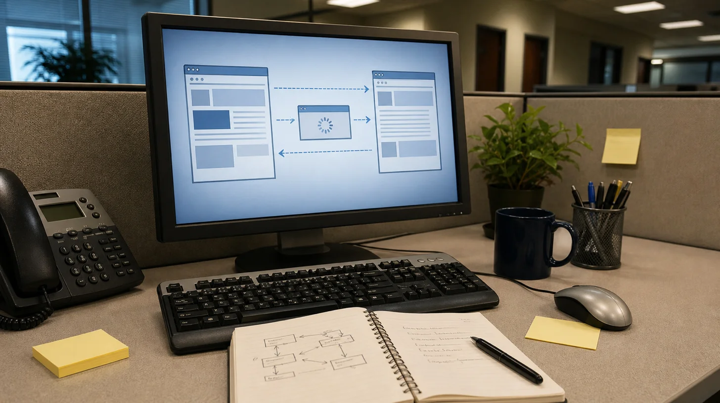 Corporate desk monitor with abstract web request diagrams and a notebook