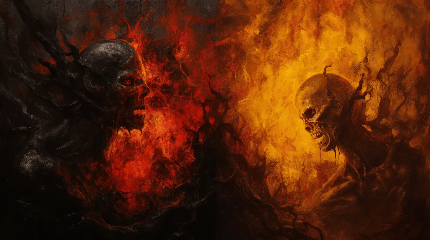 An abstract representation of the two concepts of hell: annihilation and eternal torment. The imagery is dark and unsettling, yet artful, symbolizing the profound and uncomfortable nature of these beliefs. It conveys the universality and nightmarish quality of hell in human culture. by Ted Tschopp