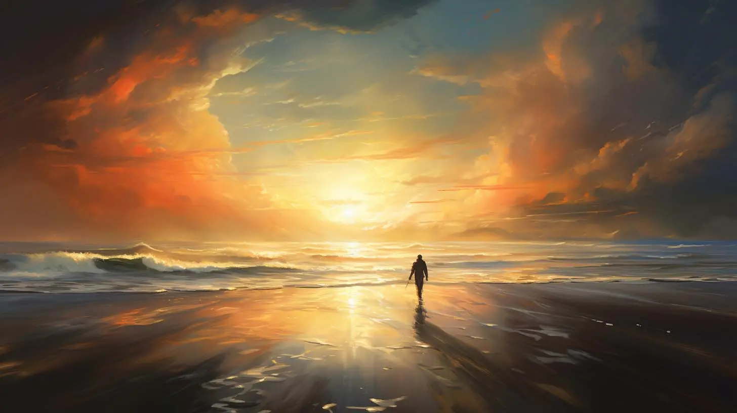 sands slip through outstretched fingers, A serene beach at sunset, waves gently lap the shore, A lone figure stands in contemplation, reflections on time, forgiveness, life's journey expressed by Ted Tschopp