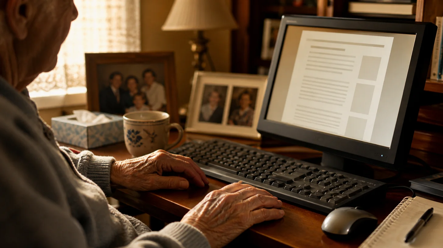 Elderly hands typing at a home computer beside family photos