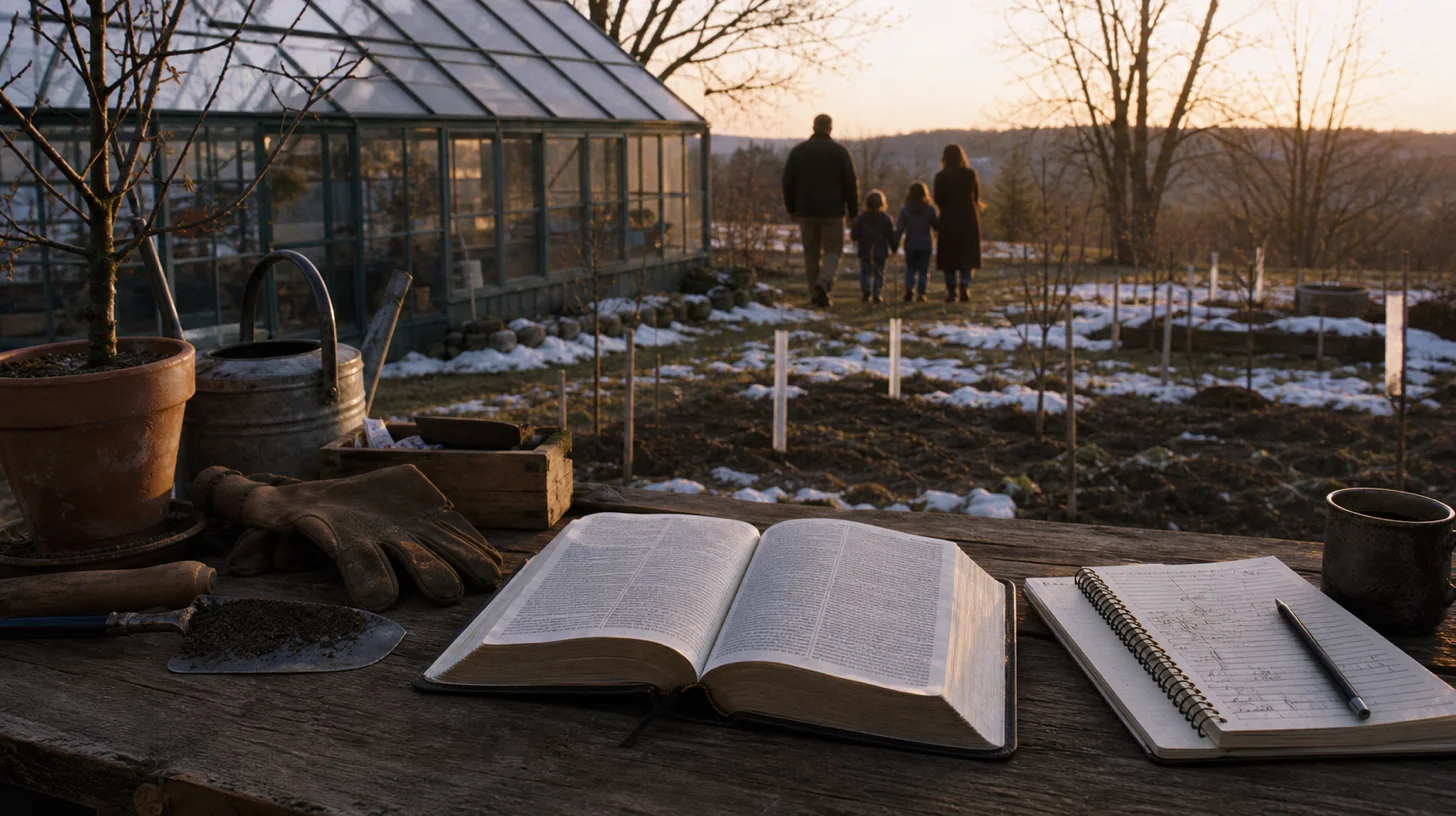 Winter garden greenhouse with open books and family silhouettes