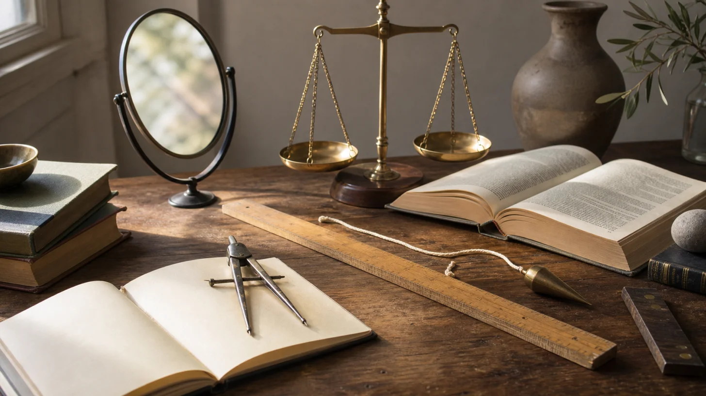 Study table with measuring tools, a mirror, books, and a scale