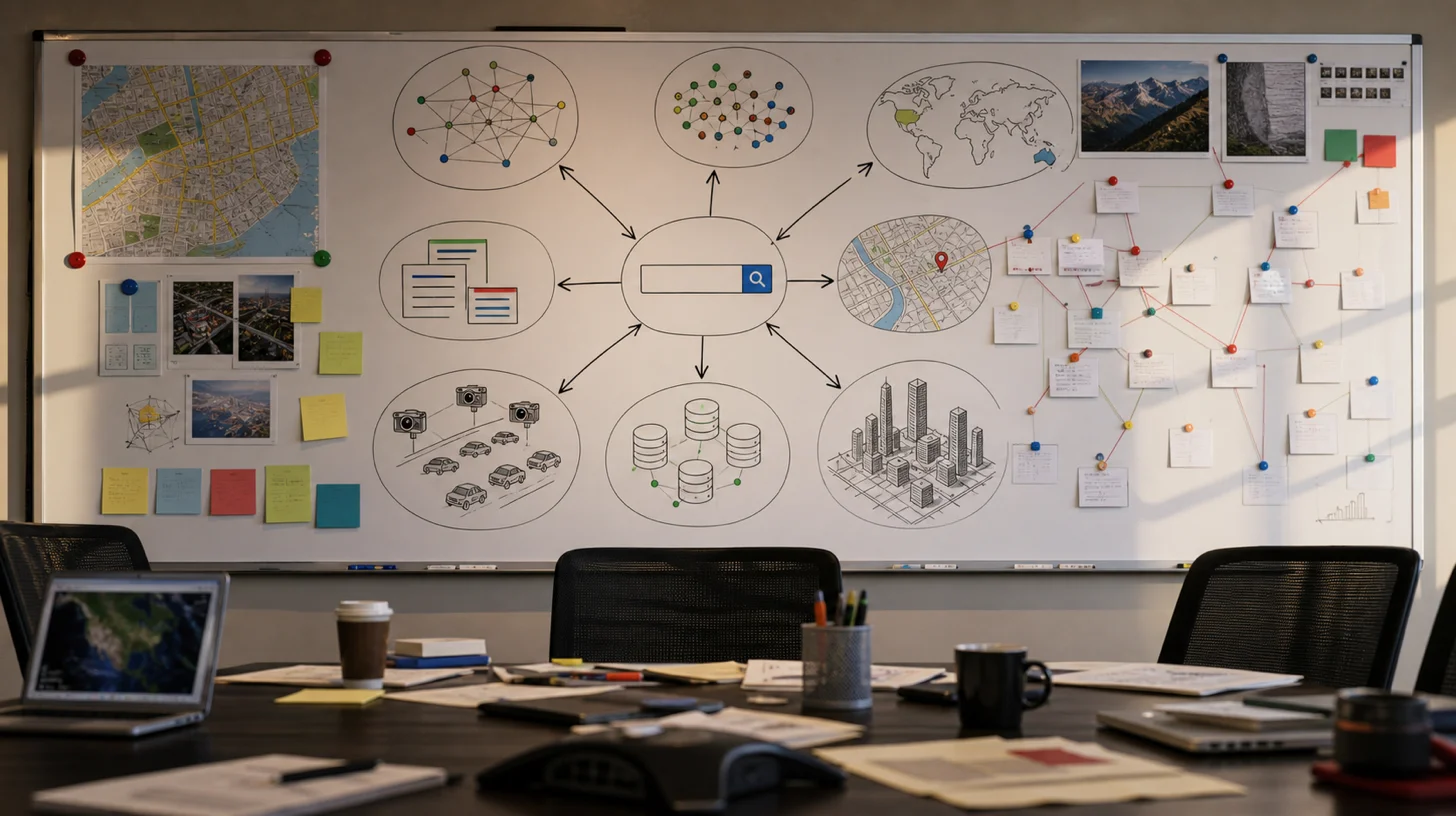 Office whiteboard with maps, data diagrams, and strategy notes