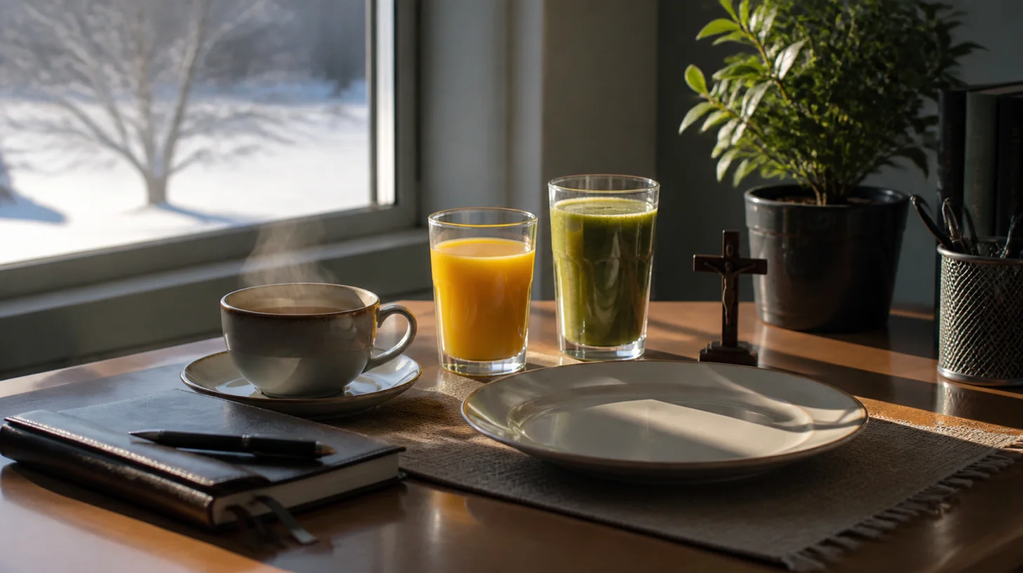 Tea, juice, smoothie, and empty plate on a reflective desk