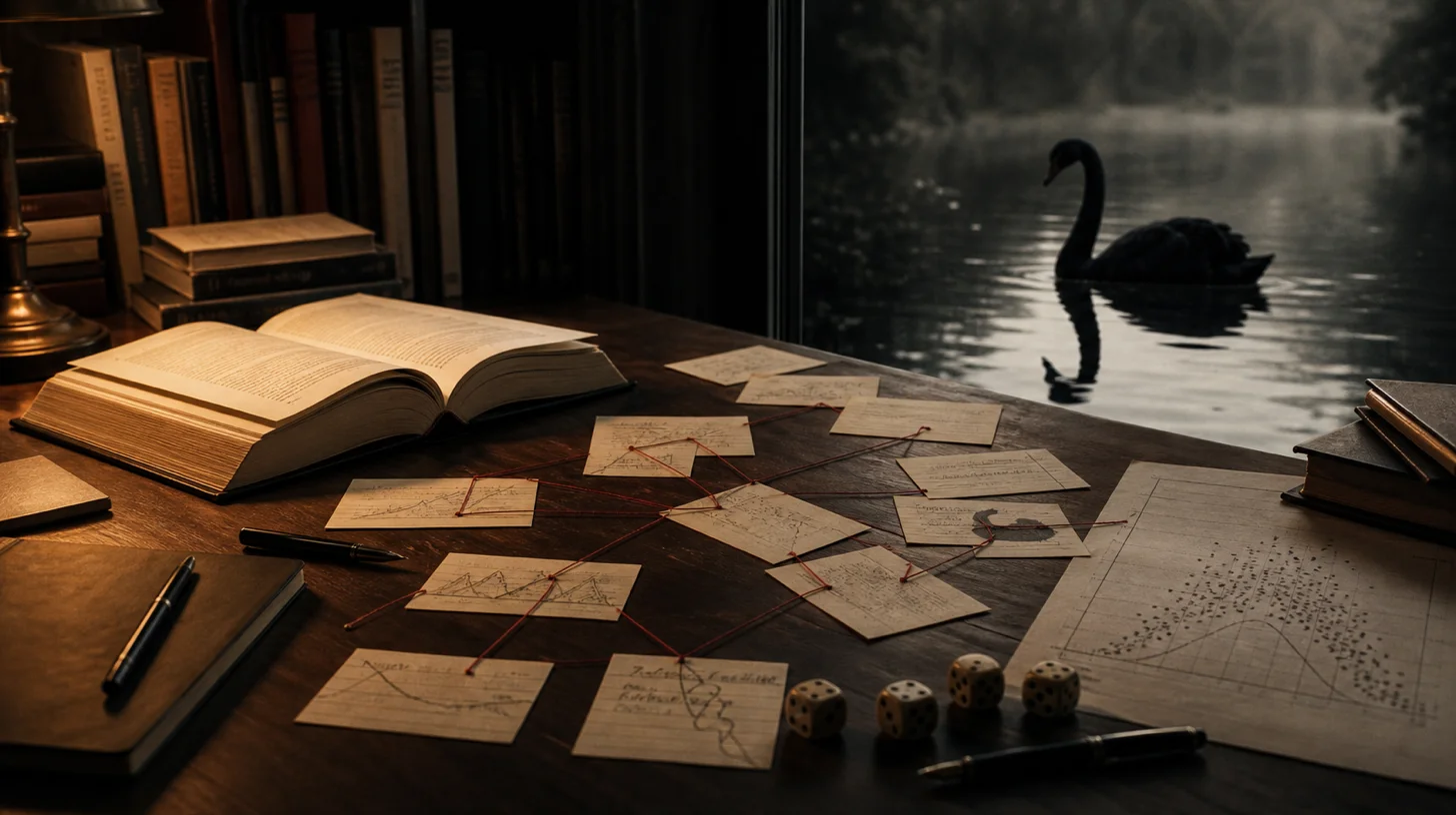 Open book, black swan silhouette, index cards, and red thread