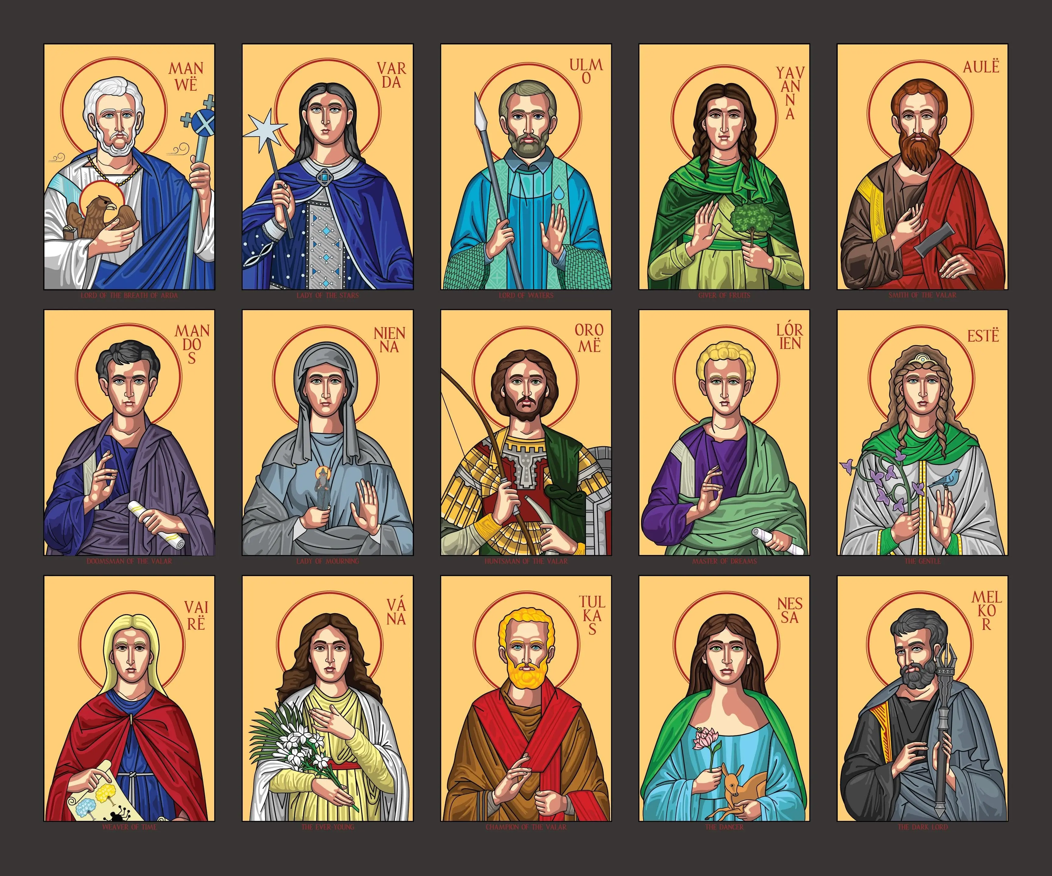 The 15 Valar from J.R.R. Tolkien's Silmarillion, in the style of Byzantine icons. by Dan Hainsworth