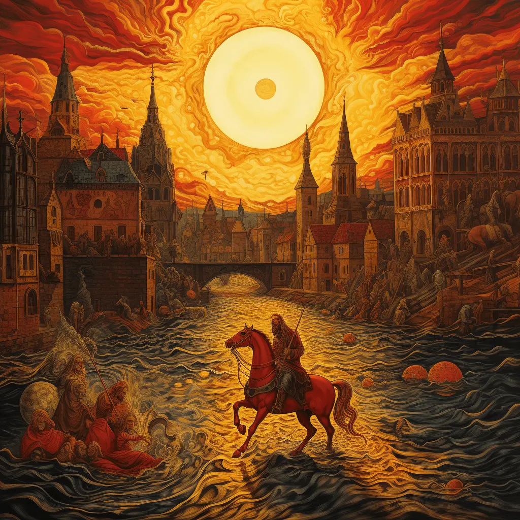 Painting of Wodan coming down the a large river sitting on a water horse holding a battle sword in one hand and the globe in the other the river floods the bank and devastates a medieval city. In the style of antichrist, dark yellow and light red, jarosław jaśnikowski, monumental murals, god rays, gustave buchet, hercules seghers by Ted Tschopp and Midjourney