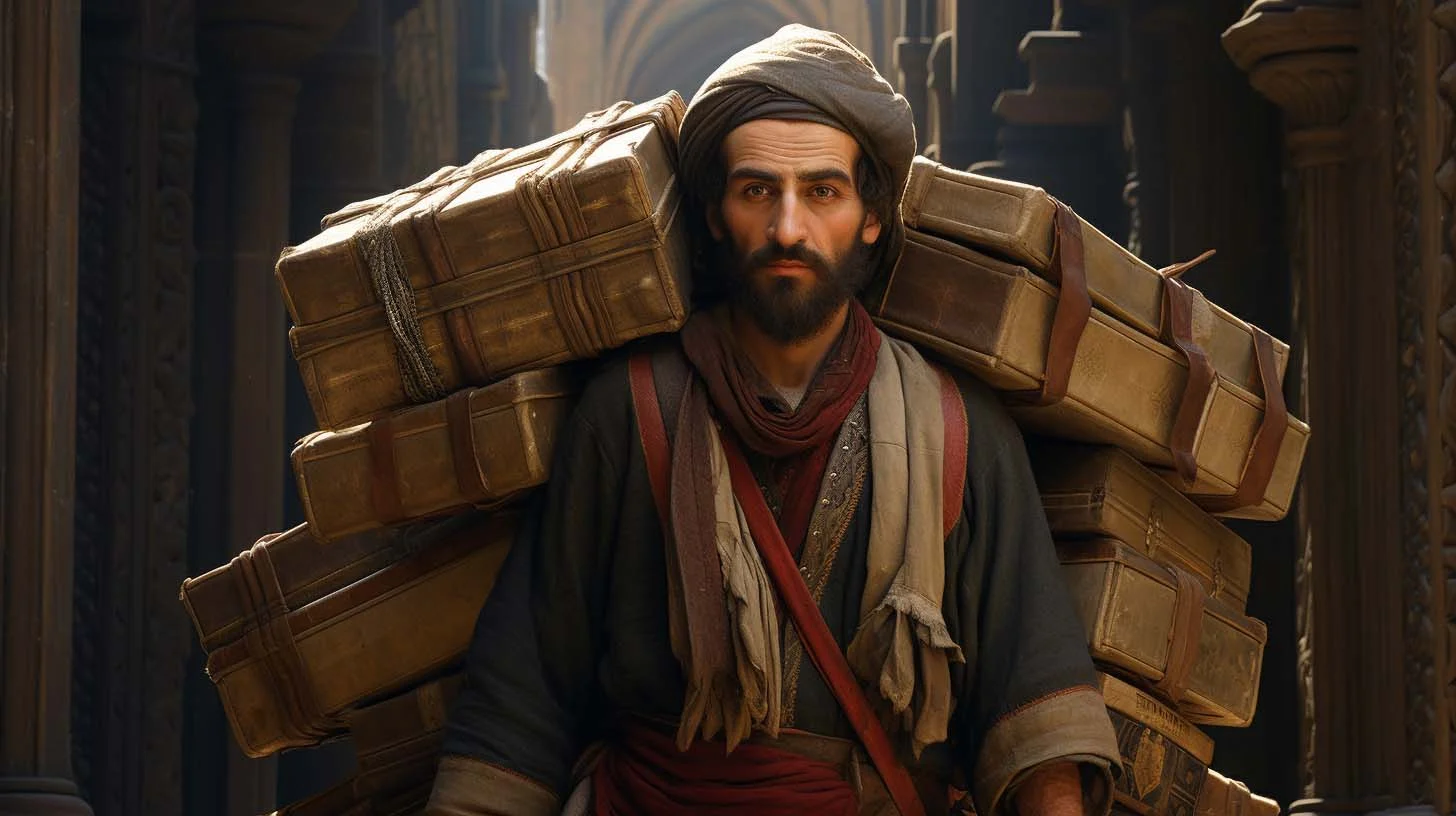 Portrait of Ahmed ibn Yusuf, a porter of Baghdad’s Great Library (Bayt al‑Hikmah), carrying scroll-laden boxes amid richly detailed Islamic architecture.