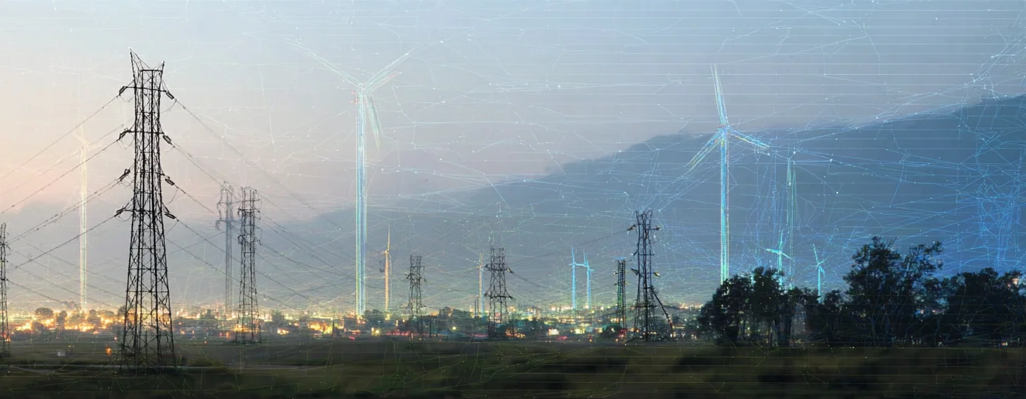 Transmission towers with a digital data overlay representing edge‑to‑cloud flow and context preservation. by Ted Tschopp