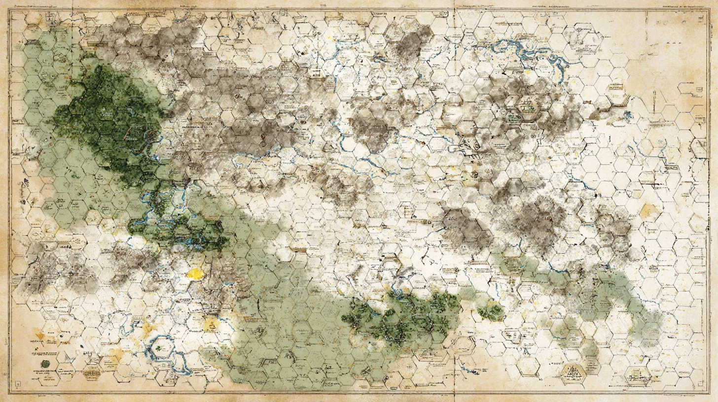 A weathered campaign hex map with rivers, ridges, ruins, and colored exploration annotations by Ted Tschopp (concept + Midjourney assist)