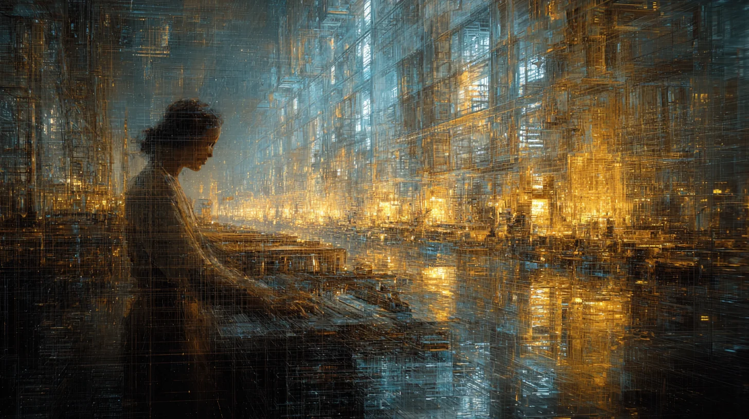 A woman stands before endless glowing shelves in a futuristic archive, weaving through streams of golden and blue light that resemble threads of a cosmic loom.