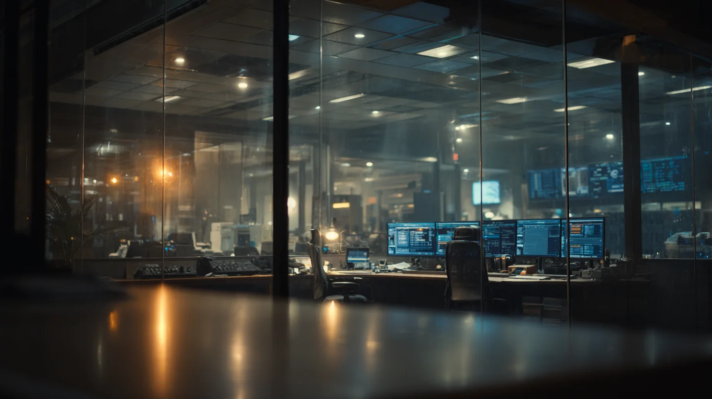 Dimly lit operations office seen through a glass wall, with desks and multiple monitors showing blue dashboards.