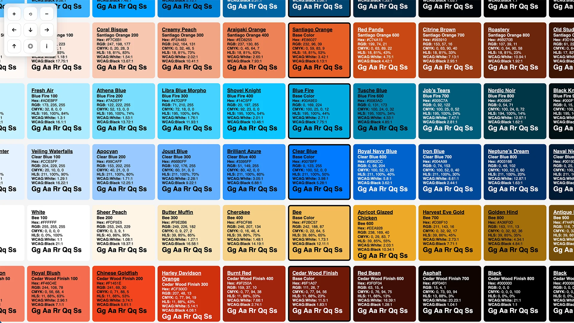 Screenshot of the Color Chart tool showing a grid of color swatches with pan and zoom controls
