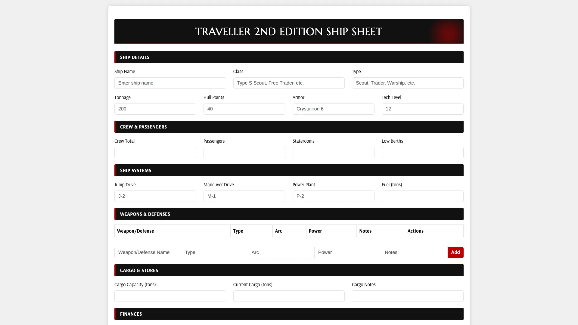 Traveller Ship Sheet
