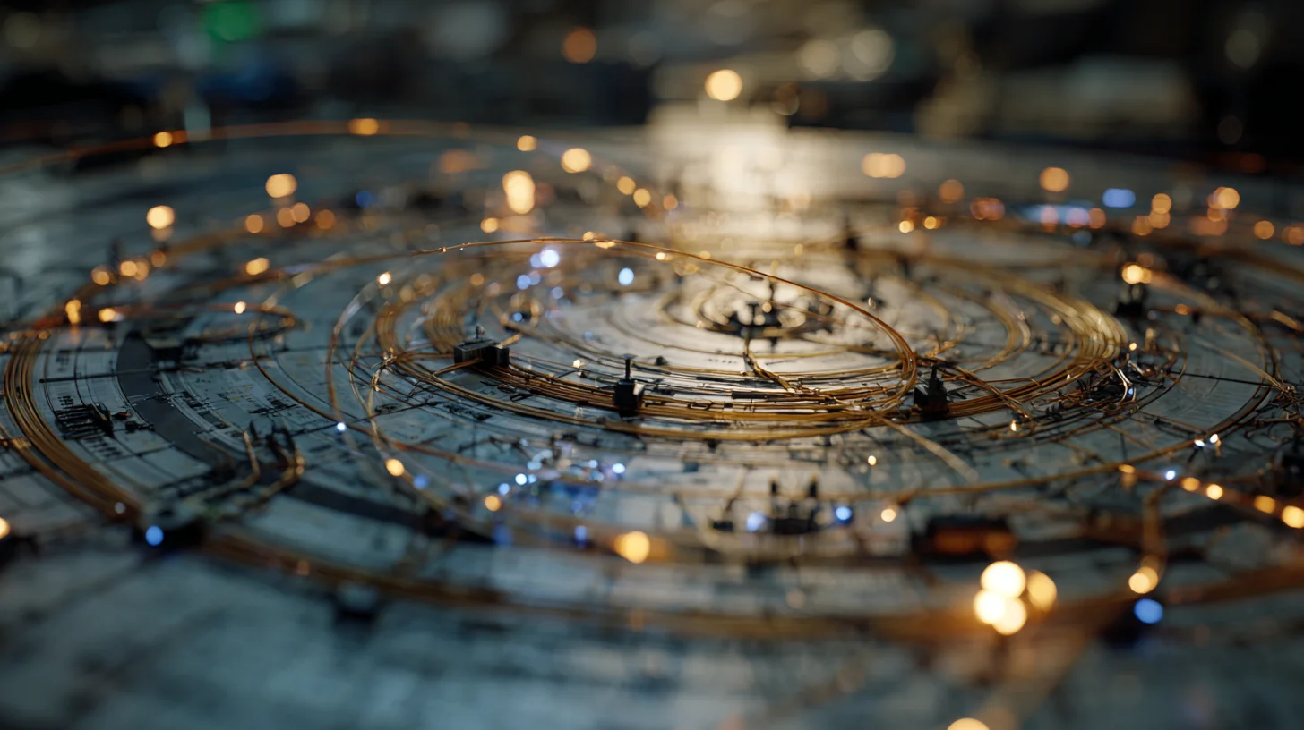 Close-up of a circular, intricate network of glowing wires and nodes resembling a futuristic circuit or agent harness