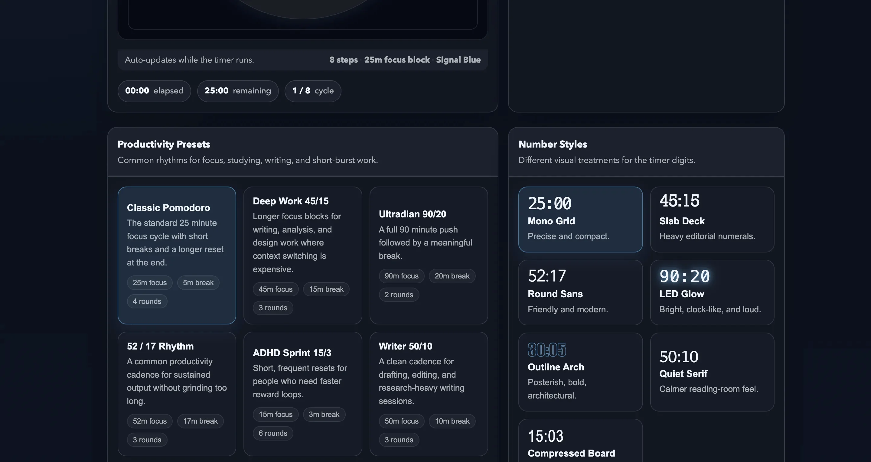 Focus Timer Studio presets and styles