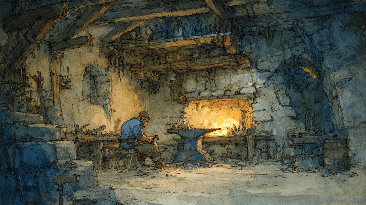 A blacksmith works inside a forge, forging weapons in a glowing workshop that evokes the midnight helper from Swiss folklore.