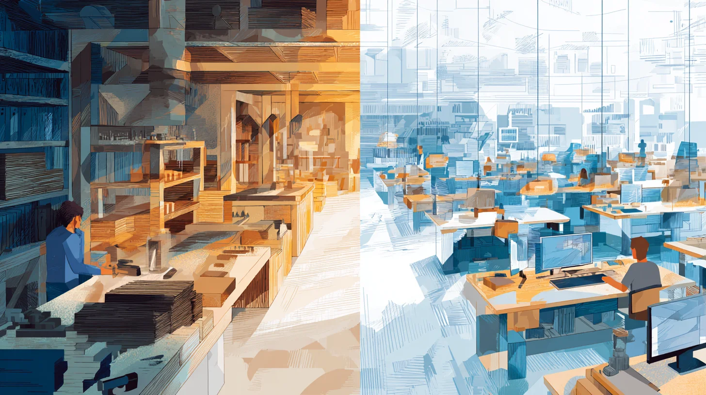 Split illustration showing a traditional workshop with manual crafting on one side and a modern digital office with standardized computer workstations on the other, representing the shift from handcrafted work to scalable, technology-driven operations.