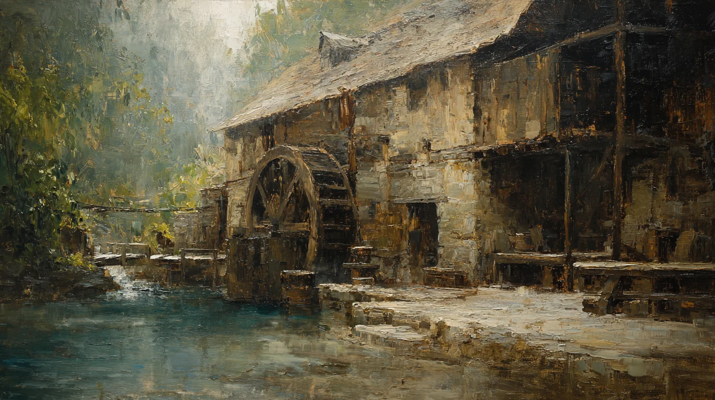 A rustic watermill beside a calm stream, its wooden wheel partially submerged, surrounded by trees and soft morning light in an impressionistic style.