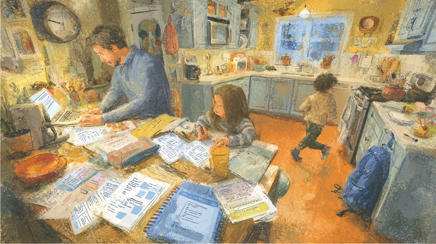 A father works on a laptop at a cluttered kitchen table while a young girl does homework beside him and a younger child moves through the room; papers, notebooks, and household items are spread across the table in a warm, busy home setting.