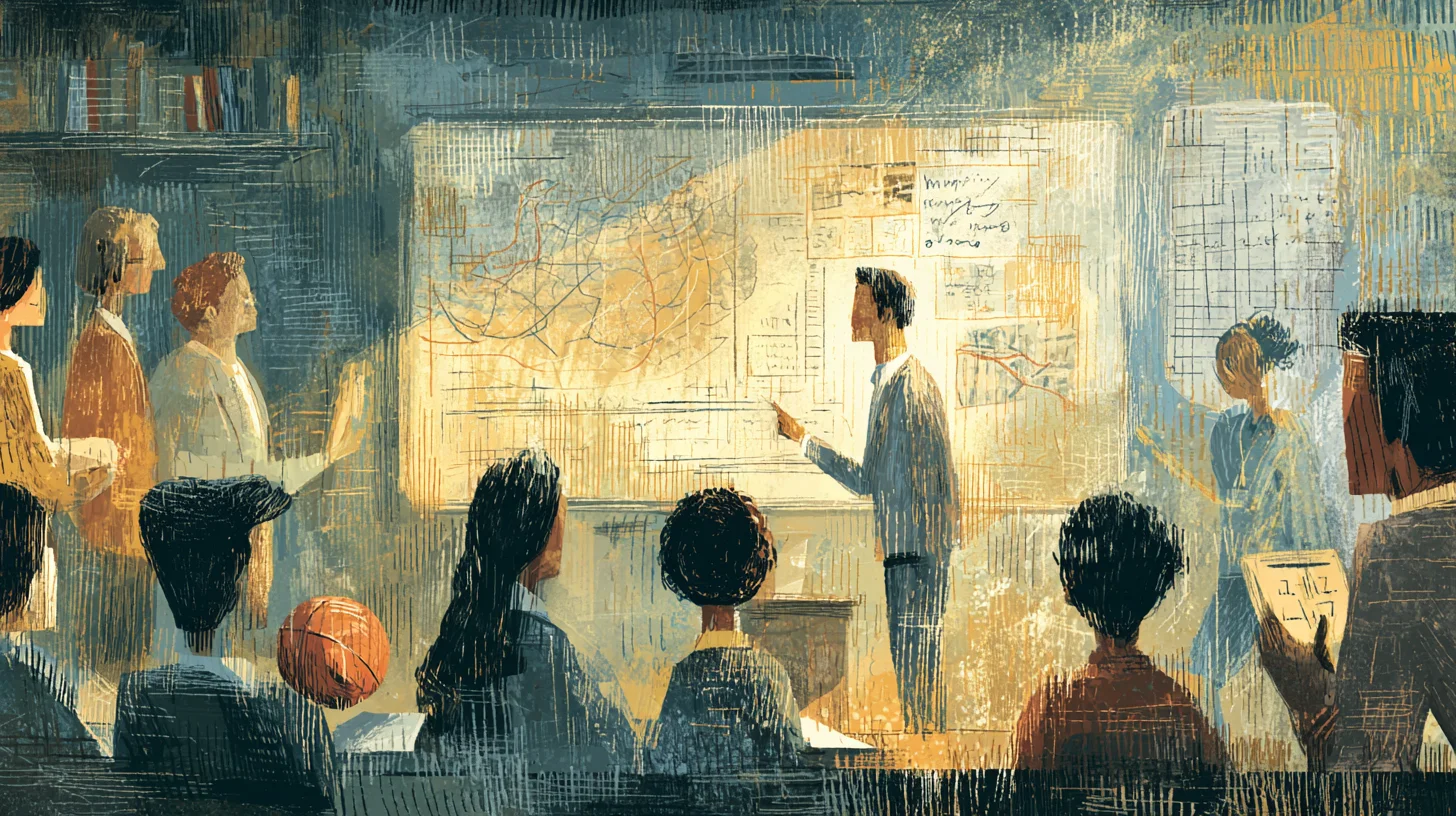 A stylized classroom scene where a teacher presents maps and diagrams on a large board while a diverse group of students watches attentively, surrounded by books and notes.