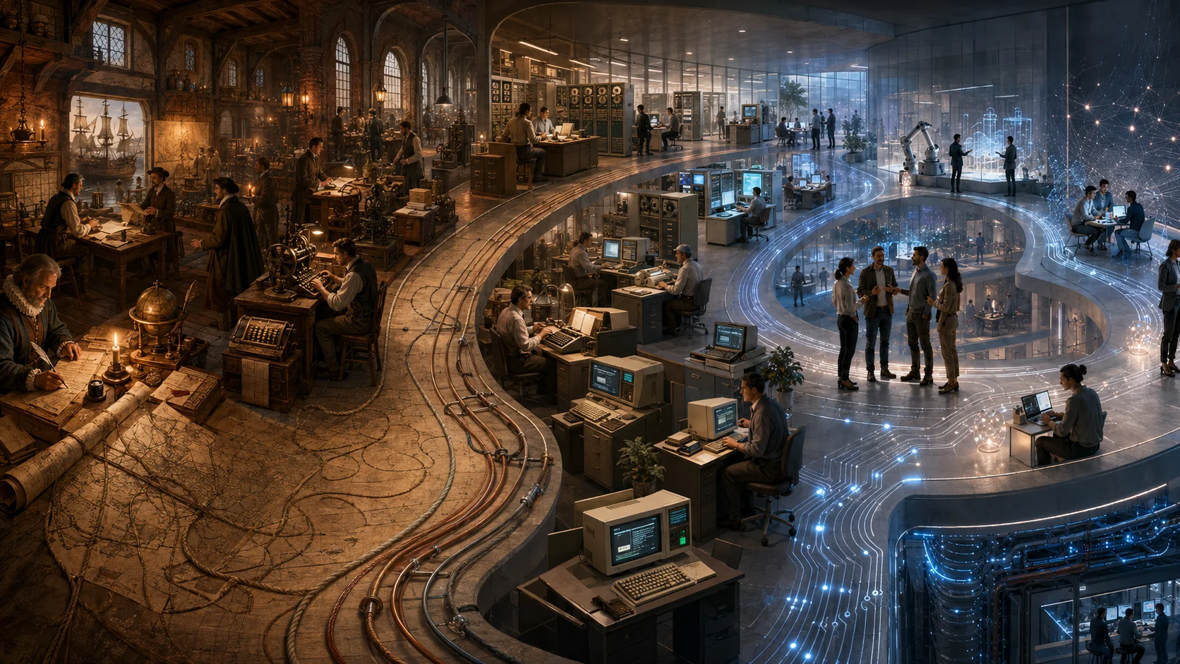 A team stands around a changing workflow map where people, process, and AI tools are connected by clear handoffs, approvals, and feedback loops.