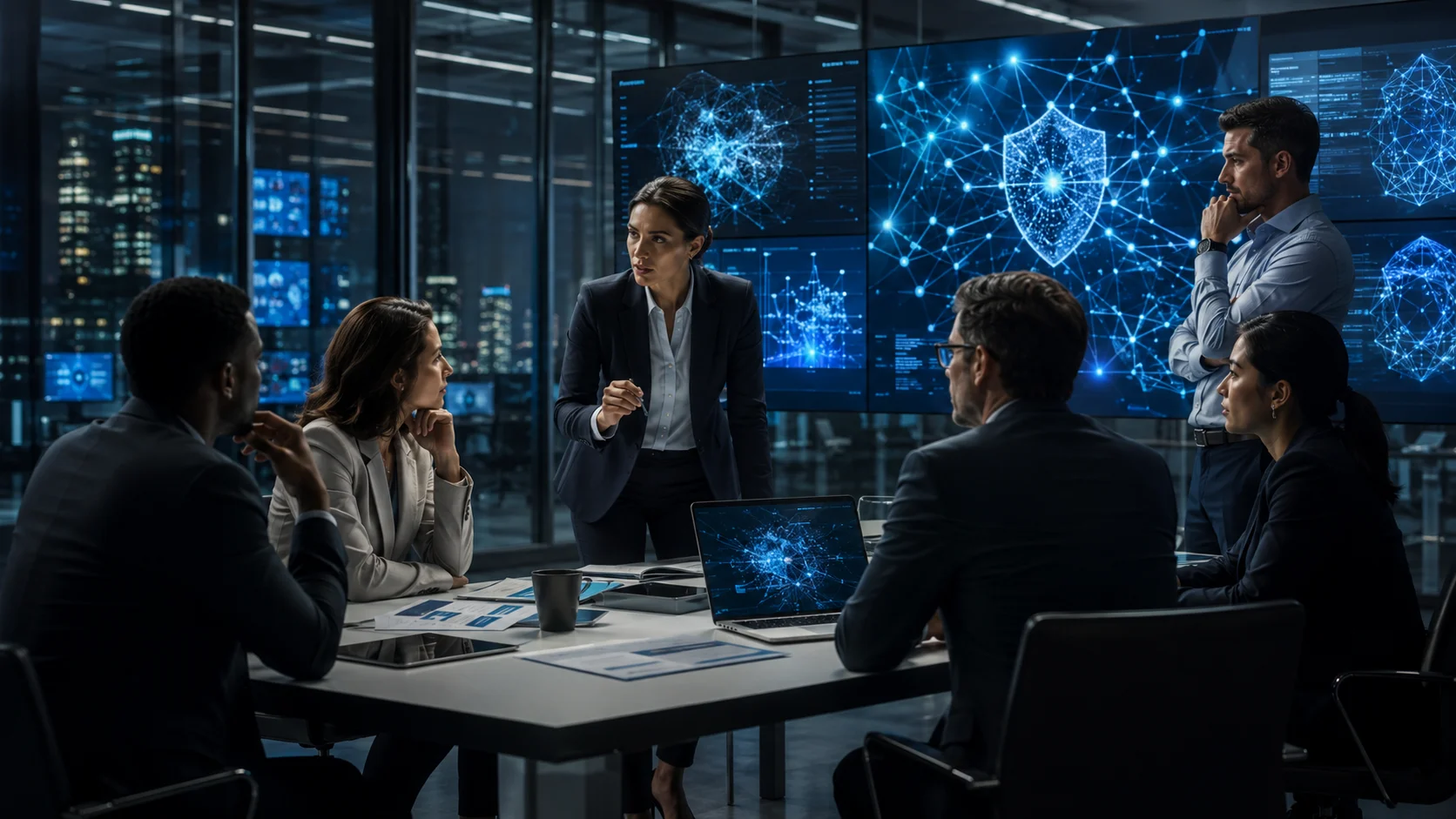 Business and cybersecurity leaders review AI-enabled risk and defense dashboards in a modern operations room.