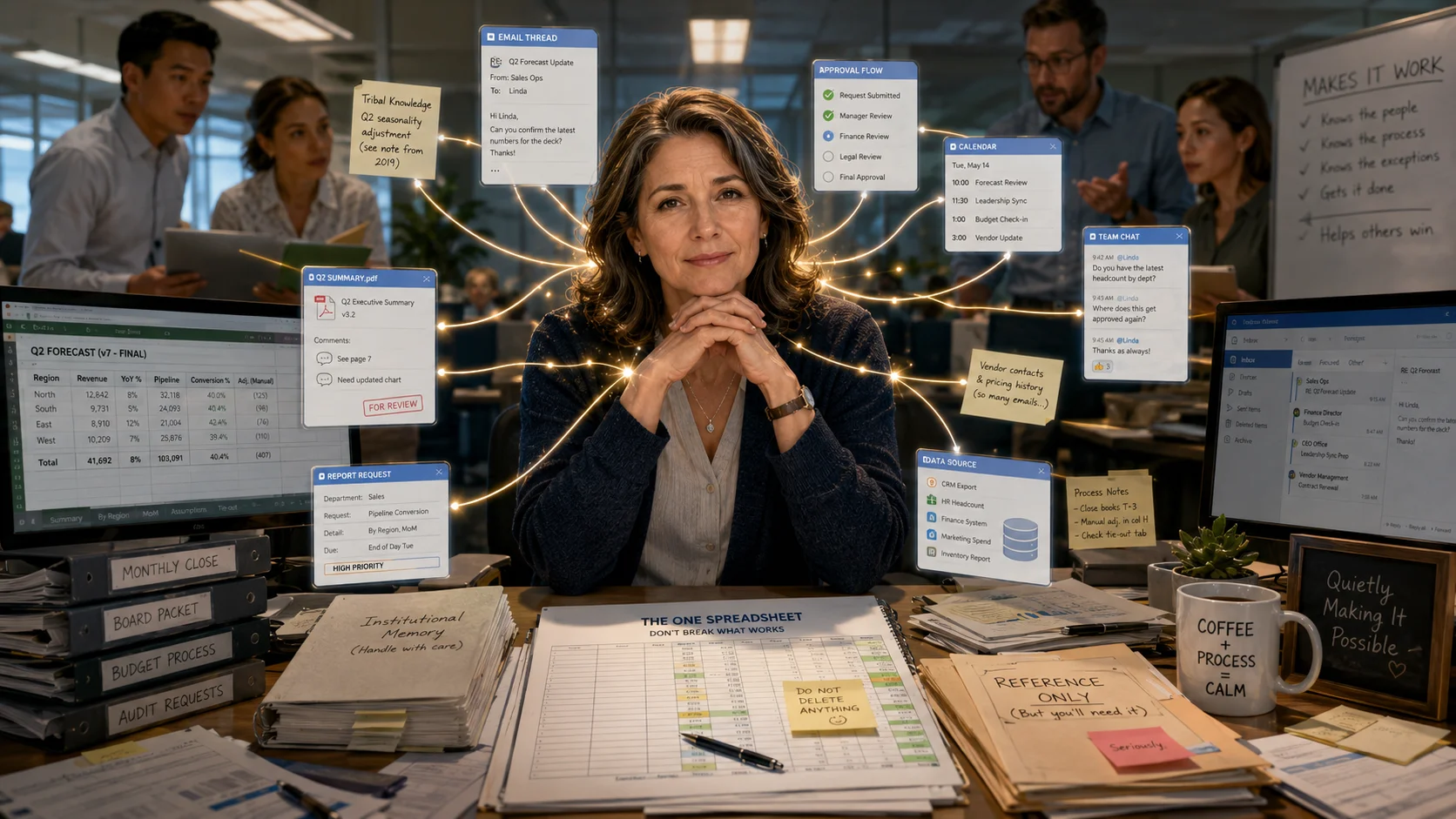 A woman sits calmly at the center of a busy office workflow, surrounded by spreadsheets, binders, notes, approval steps, data sources, calendars, email, and team chat panels connected by glowing lines.